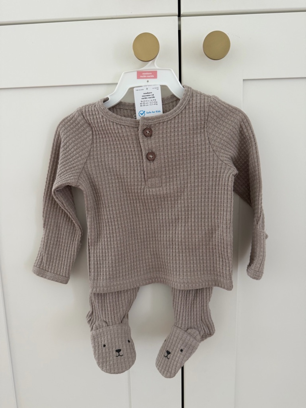 Neutral Taupe Waffle Knit Kids Matching Set with Bear Footies